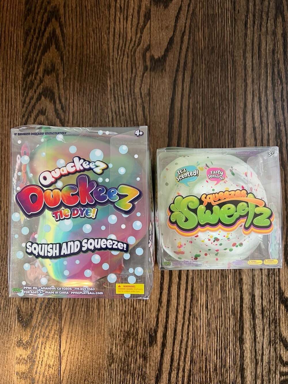 Lot of 2 PPNC Duckeez Tie Dye Jumbo Squishy Duck and Squeezee Sweetz Cupcake Set